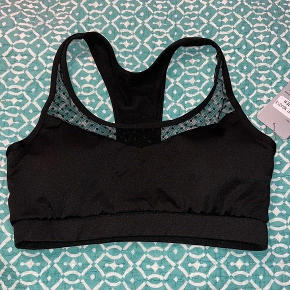 Yira medium 6/8 black sports bra dotted mesh front padded removable pads NWT - Picture 9 of 9